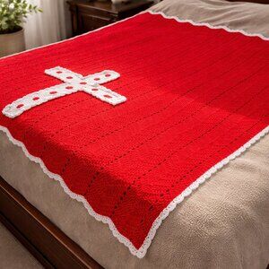 Handmade Crochet Christian Cross Blanket Throw Red White 70x54